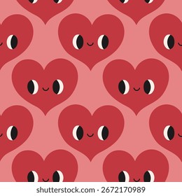Red heart pattern on pink background. Vector seamless pattern with hearts. Lovely romantic endless background for Valentines day, holiday design, fabric. Hand drawn kids pattern with hearts.