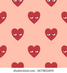 Red heart pattern on pink background. Vector seamless pattern with hearts. Lovely romantic endless background for Valentines day, holiday design, fabric. Hand drawn kids pattern with hearts.