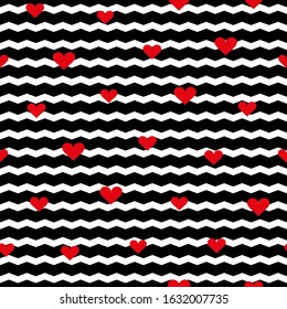 Red heart pattern on zigzag background. Valentine's day pattern. Great for wallpaper, web background, wrapping paper, fabric, packaging, greeting cards, invitations and more.