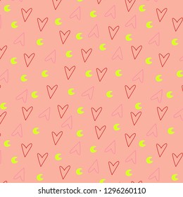 red heart pattern pastel color with moonlight on pink ,seamless vector background