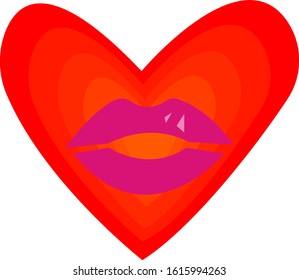 Red heart with a pattern of purple shiny lips concept of Valentine's Day object on a white background.