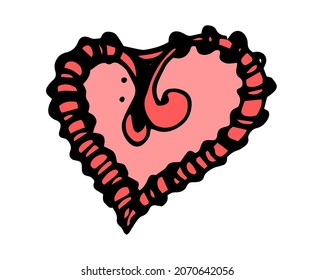 a red heart with a pattern of stripes. hand-drawn in the doodle style, pink and red heart with a pattern of curved lines along the edge, black contours on a white background for the design 