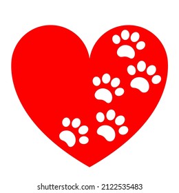 Red heart with paw print dog or cat concept animal care love icon symbol vector design element.
