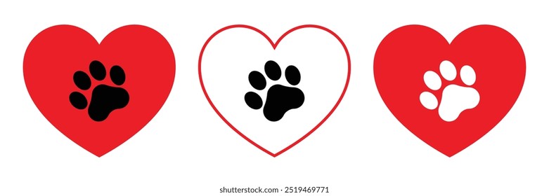 Corazón rojo con el icono del Vector de la impresión de la pata fijado. Símbolo de amor de mascota. Ilustración de impresión de pata de perro o gato. Huella animal.