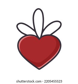 Red heart pendant cartoon clipart. Beautiful hand drawn heart isolated vector illustration. Love symbol flat. Romantic decoration