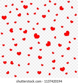 Red heart petals background, isolated on transparent background, design element template. Valentine's day, confetti hearts. Vector illustration.