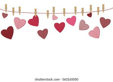 A red heart with a picture hanging on a rope with clothespins, and break away from them. Valentine's Day. Vector illustration. Greeting card with empty space for the label or advertising. 