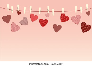A red heart with a picture hanging on a rope with clothespins, and break away from them. Valentine's Day. Vector illustration. Greeting card with empty space for the label or advertising. 