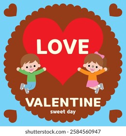 A red heart picture with a happy male and female couple in the chocolate background