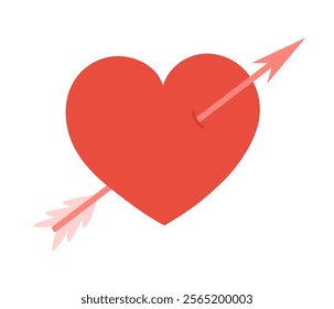 Red Heart pierced arrow of love. Romantic symbol. Valentine's day sticker. Flat Vector illustration isolated on white background 