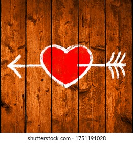 Red heart pierced by an arrow. White love symbol are created with a paint brushstroke on a brown wooden board with realistic texture and natural structure. Vector illustration in EPS file format