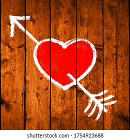 Red heart pierced by an arrow. White love symbol are created with a paint brushstroke on a brown wooden board with realistic texture and natural structure. Vector illustration in EPS file format