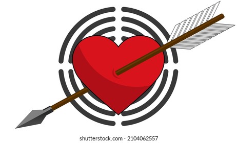 Un corazón rojo perforado por una flecha en un fondo objetivo