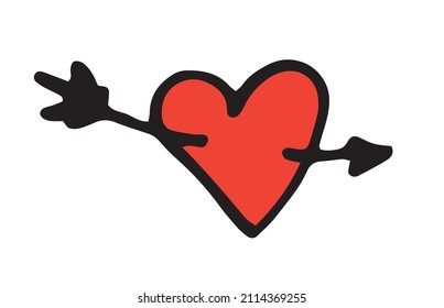 a red heart pierced by an arrow. a bright red heart drawn in the style of doodles with an arrow inside, an isolated black outline for a design template for Valentine's Day. Vector drawing