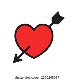 Red heart pierced by arrow with black outline on white background. Vector illustration.