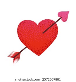 Red heart pierced by an arrow of love. Romantic love symbol. Valentine's Day concept for sticker cards, banners, and websites. Hand drawn vector cartoon illustration.