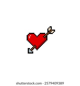 Red heart pierced by an arrow black outline pixel art Y2K icon. Human hurt love symbol. St. Valentine sign. Vector romance aesthetic 8 bit retro design element. Lovely passion, amour emoticon isolated