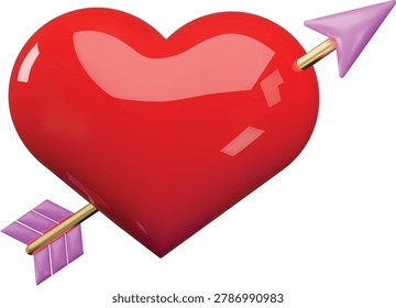 Red heart pierced by an arrow. Human hurt love symbol 3D cartoon plastic style icon. St. Valentine sign. Vector romantic render design element. Lovely passion, amour emoticon isolated