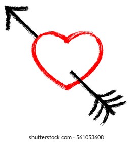 Red heart pierced by an black arrow. Popular symbol created with texture in handmade watercolor technique. Vector illustration a graphic element.