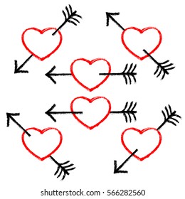  Red heart pierced by an black arrow. Popular symbol created with texture in handmade watercolor technique. Vector illustration a graphic element.