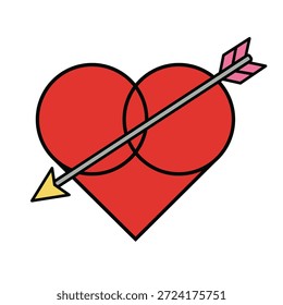 Coração vermelho perfurado pelo ícone de ilustração de vetor de seta do Cupido em estilo de desenho animado plano isolado