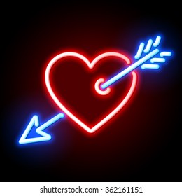 Red Heart Pierced By Cupids Arrow Neon Sign. Vector.