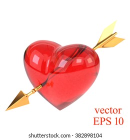 Red heart pierced by a golden arrow isolated on white background. Cupid's arrow. Vector 
illustration.
