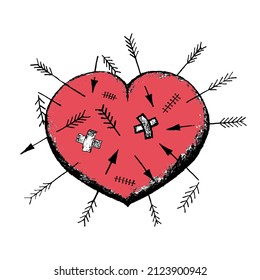 The red heart is pierced by many arrows, the wounds on the heart are sewn with several sutures and sealed with adhesive tape. The concept of shattered love, betrayal, human indifference and cruelty.