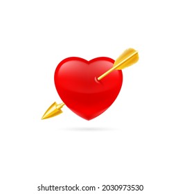 Red Heart is Pierced by a Sharp Golden Arrow of the Cupid. Cute Cartoon Style Illustration. Romantic Love Lovesickness Symbol. St Valentine Greeting Card Decor, or Marriage Anniversary