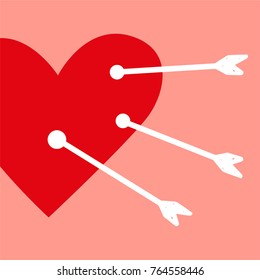 Red heart pierced by white arrows on pink backgraund.