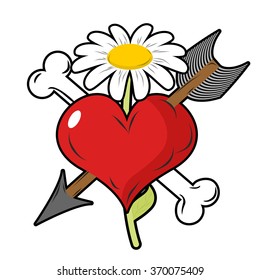 Red heart piercing arrow symbol of love. Bone is symbol of death. Flower of life symbol. Logo for love to death, strong love.