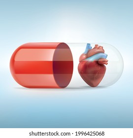 Red heart is in the red pill, aphrodisiac for men and women concept, illustration vector