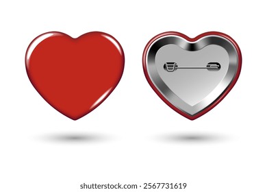 Red heart pin badge mockup. Red badge button brooch. Realistic blank heart shape glossy red button badge pin with metal back cover. 3d Vector illustration.