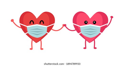 Red heart and pink heart cartoon wearing protective mask holding hands each other. Love in covid19 Coronavirus quarantine pandemic times. Design for Valentine’s Day greeting card, poster, banner.	
