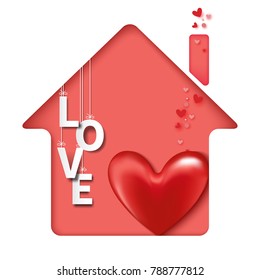 Red heart in pink house with paper love text.Paper art style of valentine's day greeting card and love concept.Vector illustration.