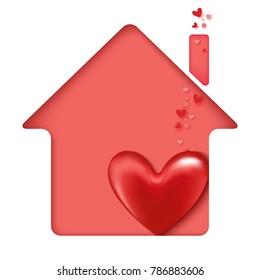 Red heart in pink house.Paper art style of valentine's day greeting card and love concept.Vector illustration.