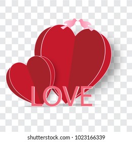 red heart, pink love and bird as happy valentine's day, wedding isolated on transparent background and paper art concept. vector illustration.