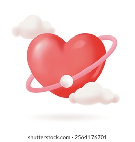 Red heart with a pink orbit ring, white clouds, and a glossy effect, isolated on a light background, perfect for love, romance, and Valentines Day designs. Soft 3d style vector illustration