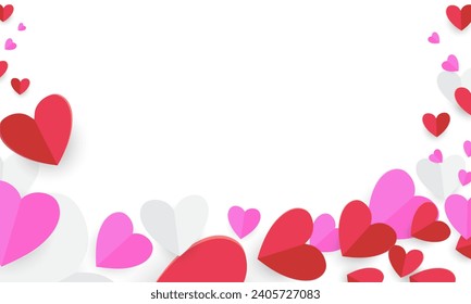 Red heart, pink and white paper cut flying frame to design for Valentine's Day design, Heart Shape of Vector illustration