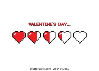 Red heart Pixel art .Text of happy valentine's day on white background.