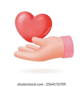 Red heart placed on an outstretched hand in a cartoon style, isolated on a white background, ideal for love, care, and charity-themed designs. Soft 3d style vector illustration