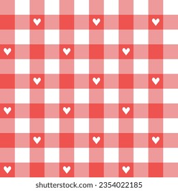 Red with heart plaid pattern background. plaid pattern background. plaid background. Seamless pattern. for backdrop, decoration, gift wrapping, gingham tablecloth, blanket, tartan.
