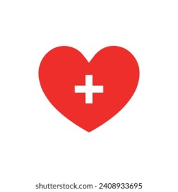 Red heart plus Icon or logo with a white medical cross symbol. Healthcare, medicine. 