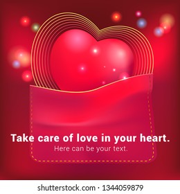 Red heart in a red pocket, with burning particles floating. Template template for the designer.