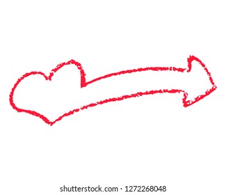 Red heart pointer vector illustration on white background. St Valentine Day clipart. Chalk texture heart arrow with text place. Love heart banner clip art. Rough grungy icon for wedding design