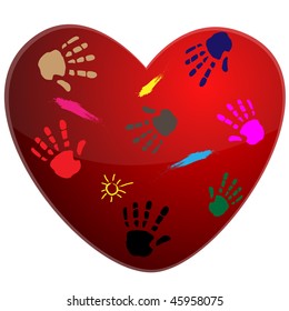 Red heart and prints of palms on white background