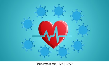 Corazón rojo con cardiograma de pulso y una enfermedad mortal del coronavirus peligroso covid-19 molécula del virus pandémico en un fondo azul.