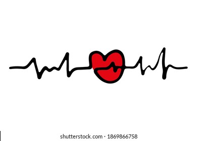 Red heart and pulse icon. Horizontal view. Contour silhouette. Sketch drawing. Vector flat graphic hand drawn illustration. The isolated object on a white background. Isolate.