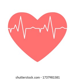 Red heart with a pulse line inside, vector illustration in flat style. Concept on medicine, health, heart disease and diagnosis