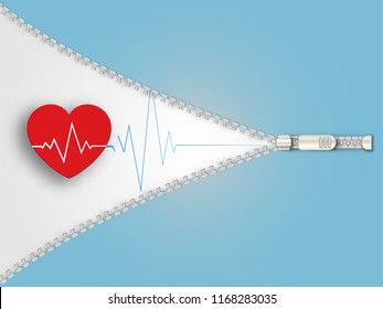 Red heart and pulse on vector zipper design template. Heart rate graphic. Blue zip background. Zipper opening white background. Vector illustration. Technology background.